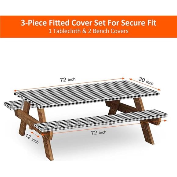 Picnic Table and Bench Fitted Tablecloth Cover, 3-Piece Set, Flannel Backing - Picture 2 of 7